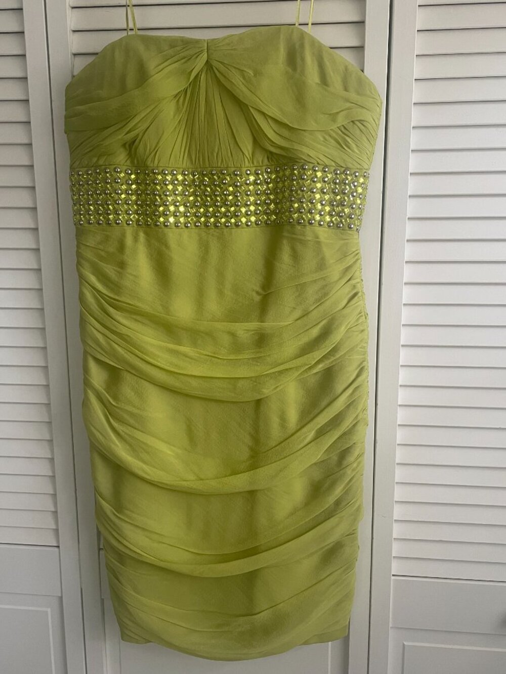 Carmen Marc Valvo Short Formal Strapless Jeweled Dress Siz 12 Yellow-Green Silk